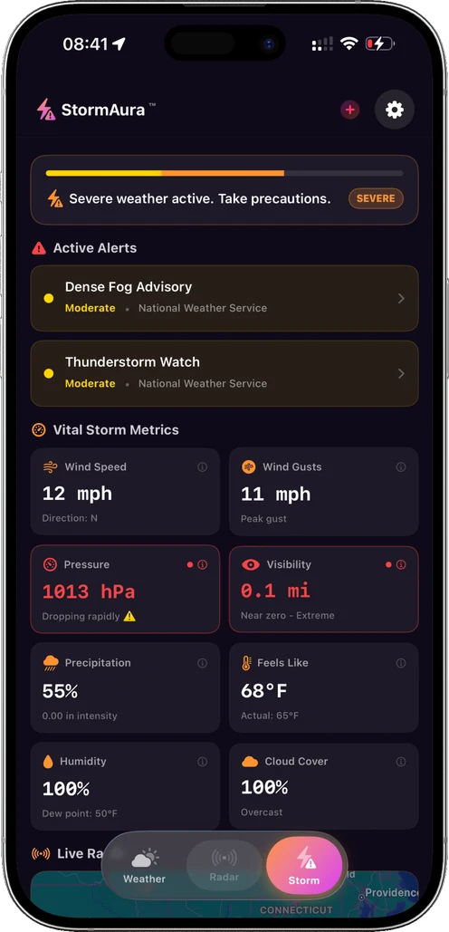 StormAura screen showing active alerts and storm metrics