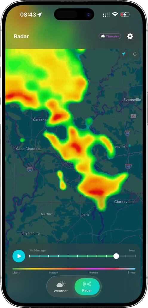 Live radar showing a storm cell