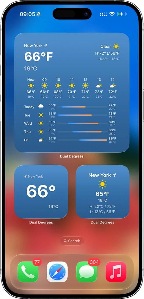 Home screen with Dual Degrees widgets showing 66°F and 19°C